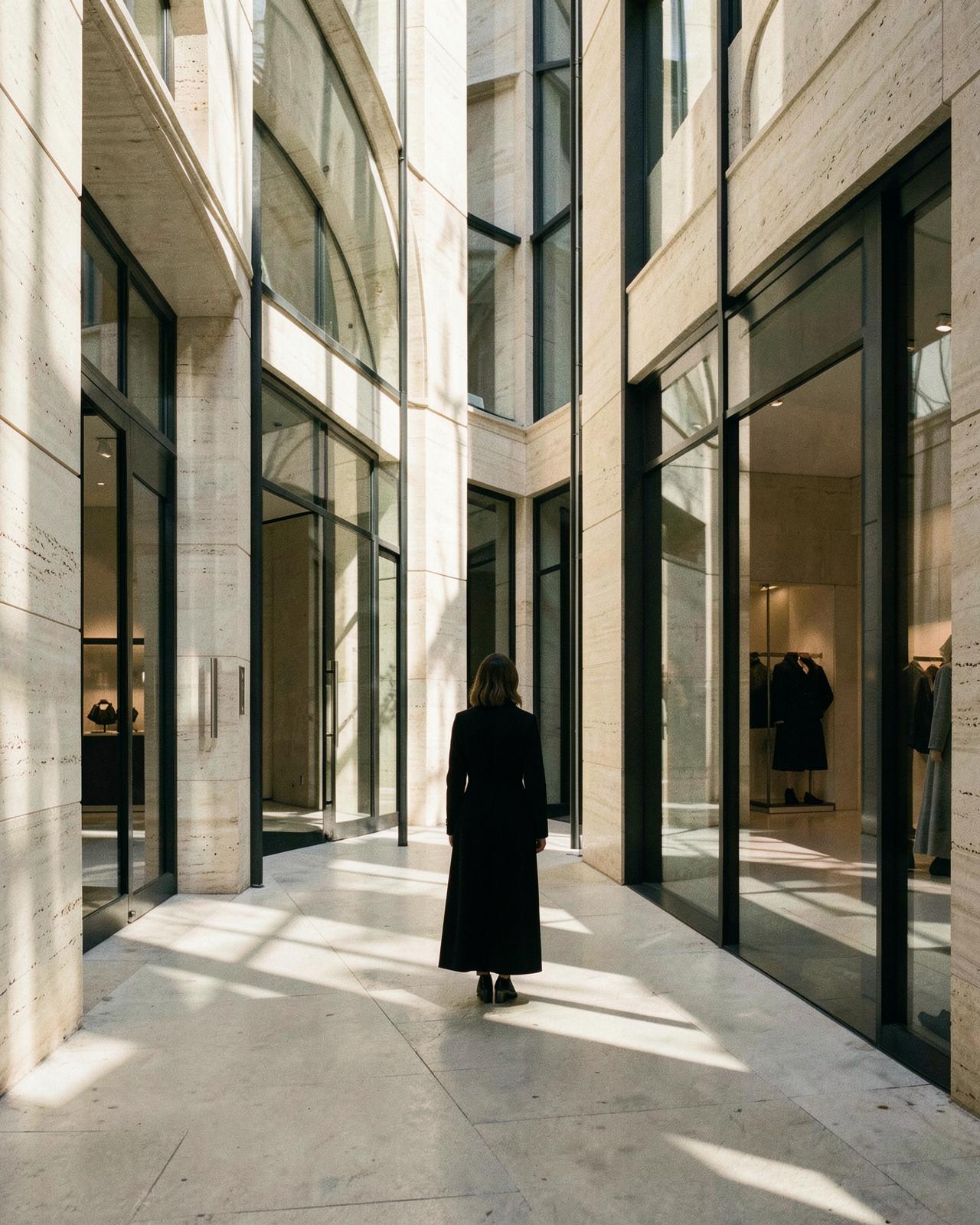 Contemporary luxury retail architecture in soft morning light, reflecting Luisa Geriz’s fashion and retail perspective